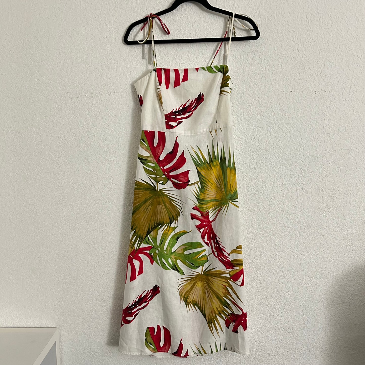 Linen Tropical Print Dress Red Green Yellow Bead Tassels
