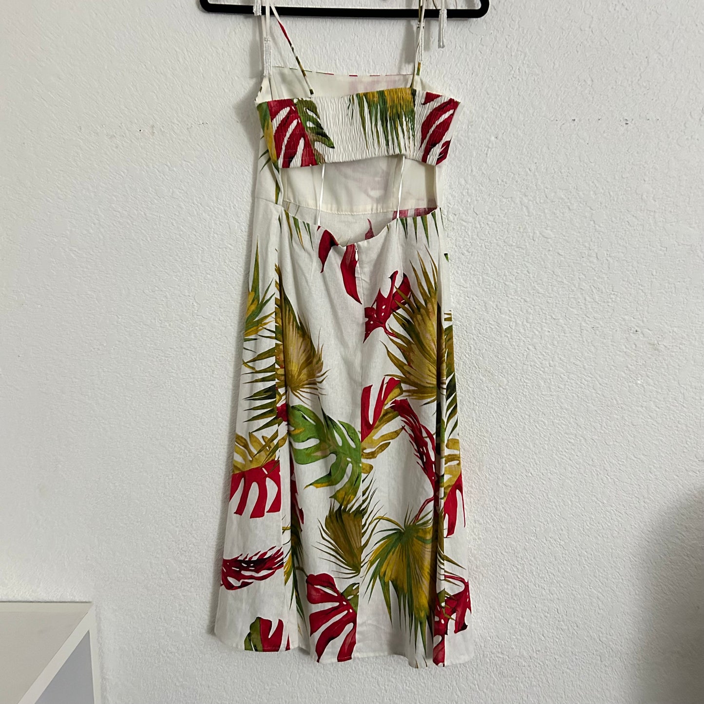 Linen Tropical Print Dress Red Green Yellow Bead Tassels