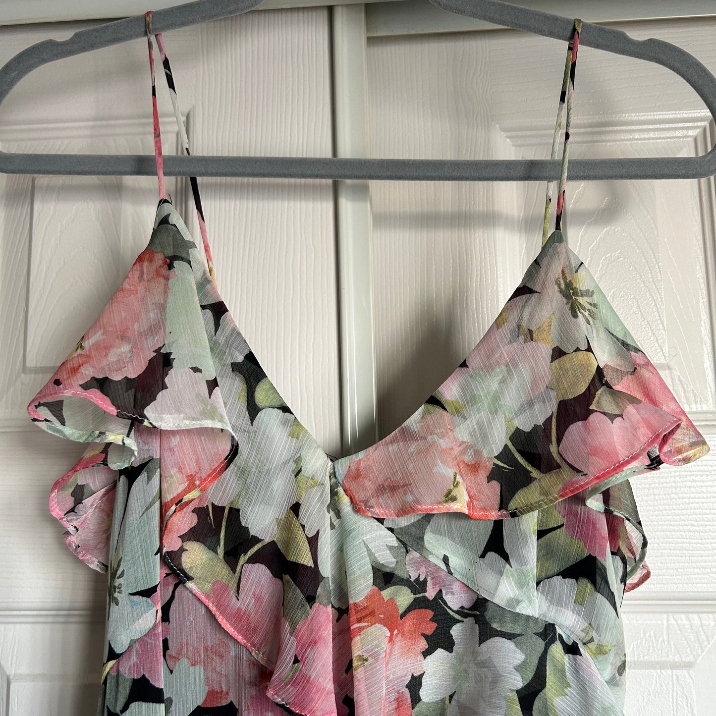 Floral Chiffon Ruffle Long Tiered Dress Pink Green