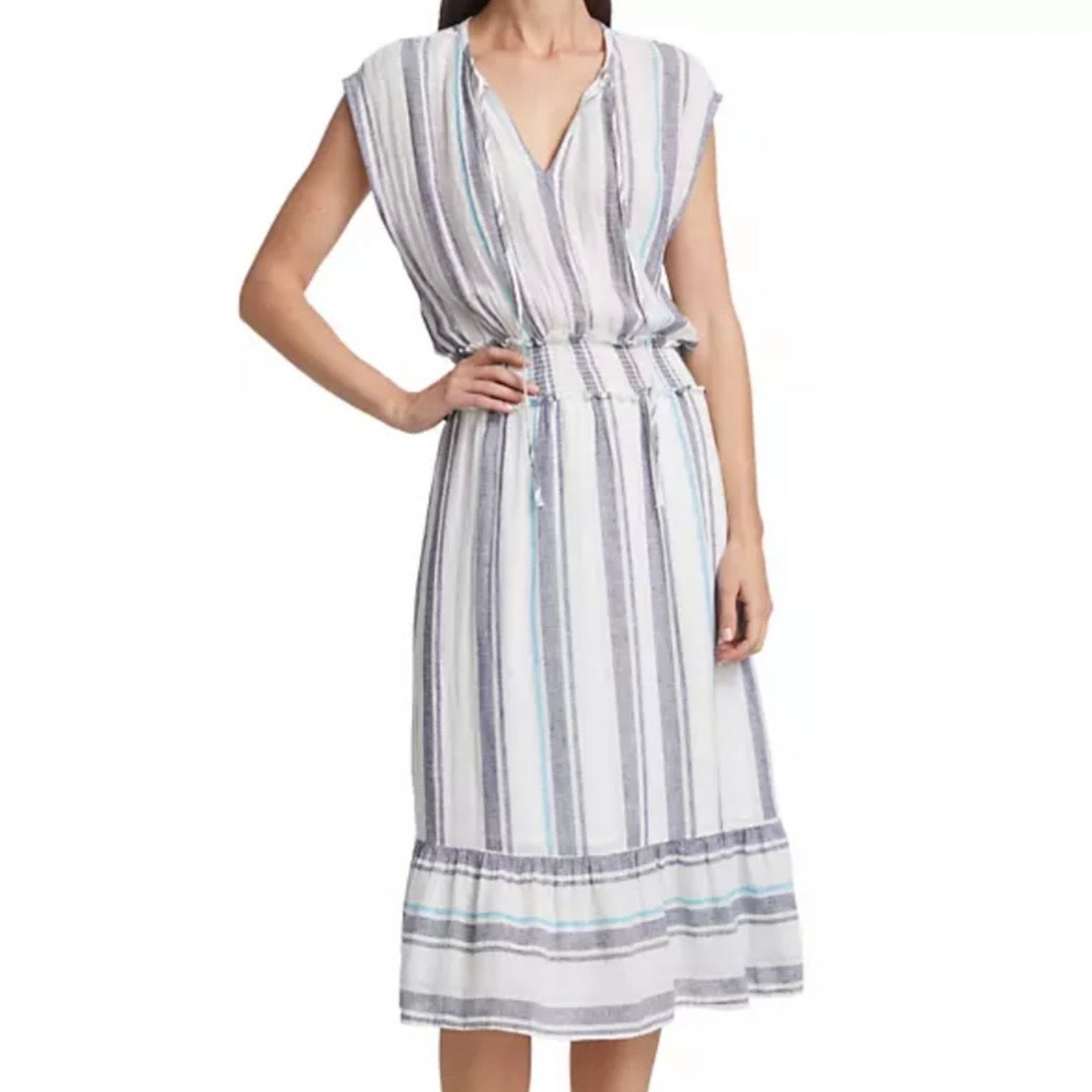 Ashlyn Linen Dress In Aegean Blue Stripe