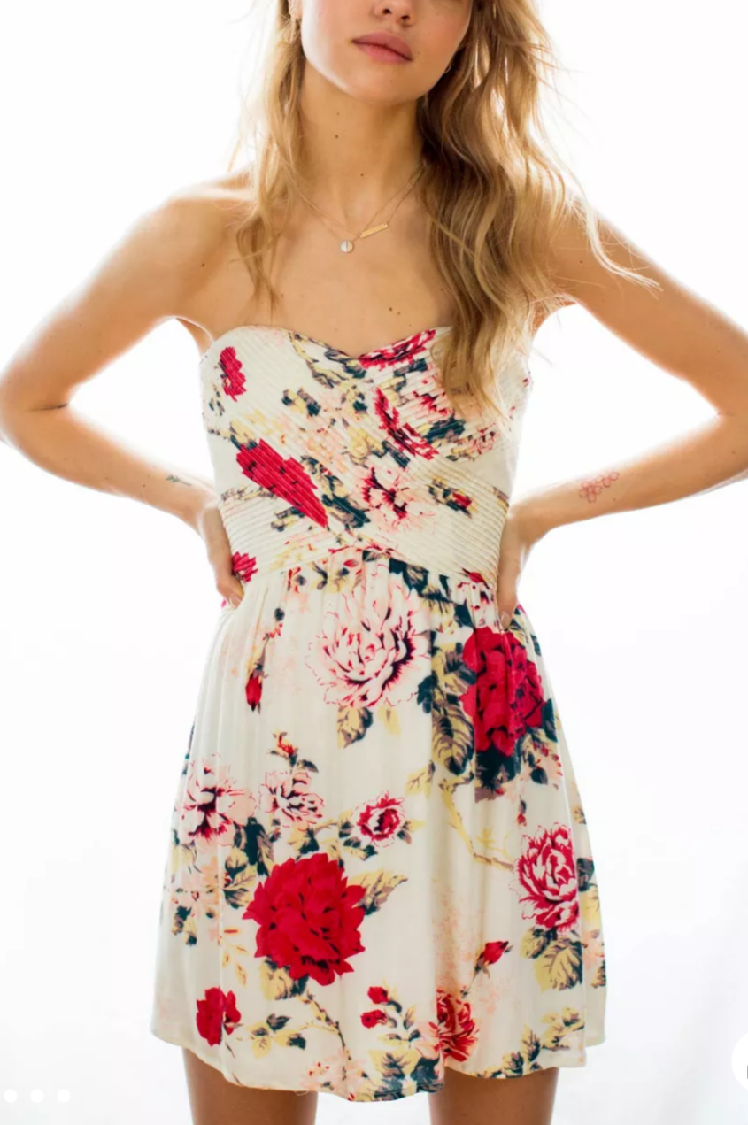 Ivory Floral Strapless Mini Dress