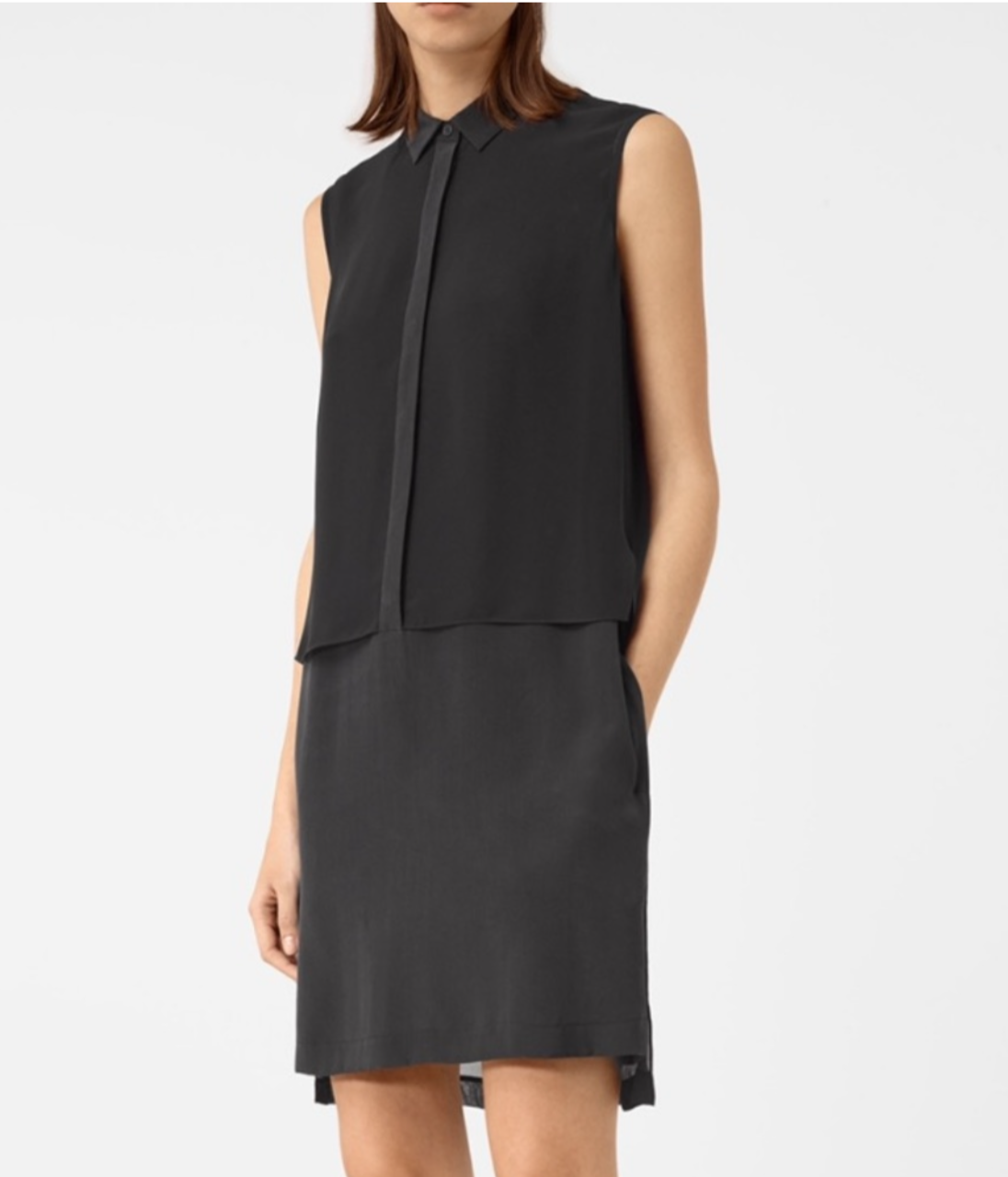100% Silk Radial Black Sleeveless Tunic Dress