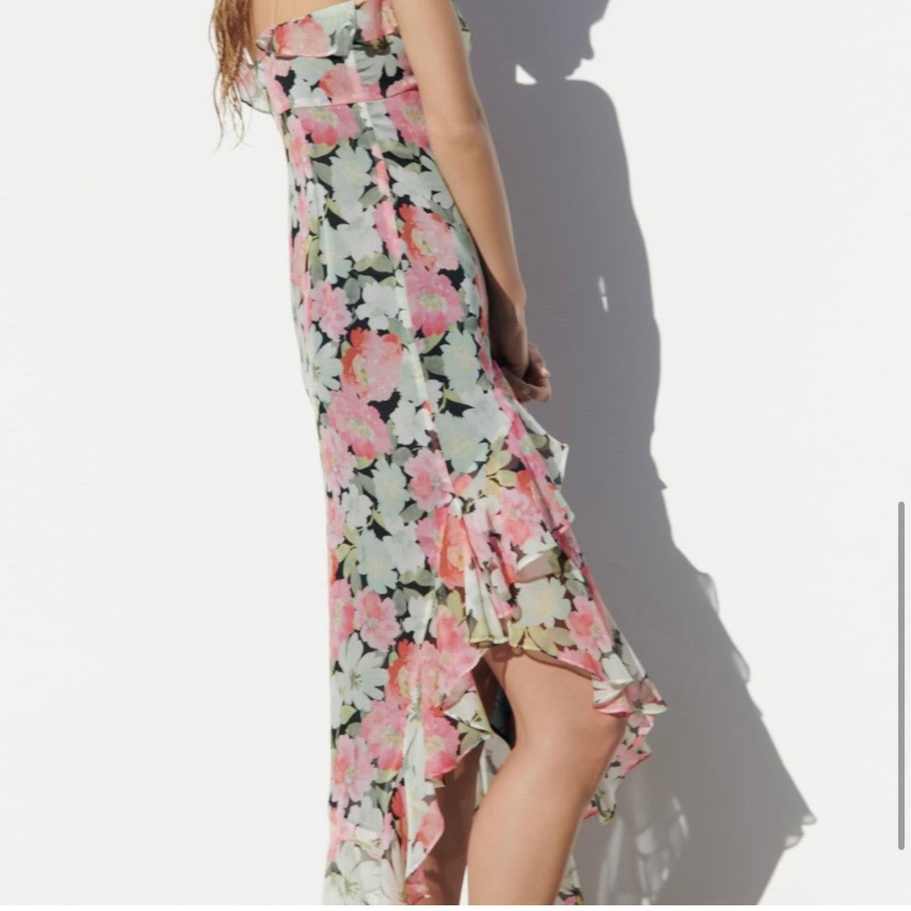 Floral Chiffon Ruffle Long Tiered Dress Pink Green