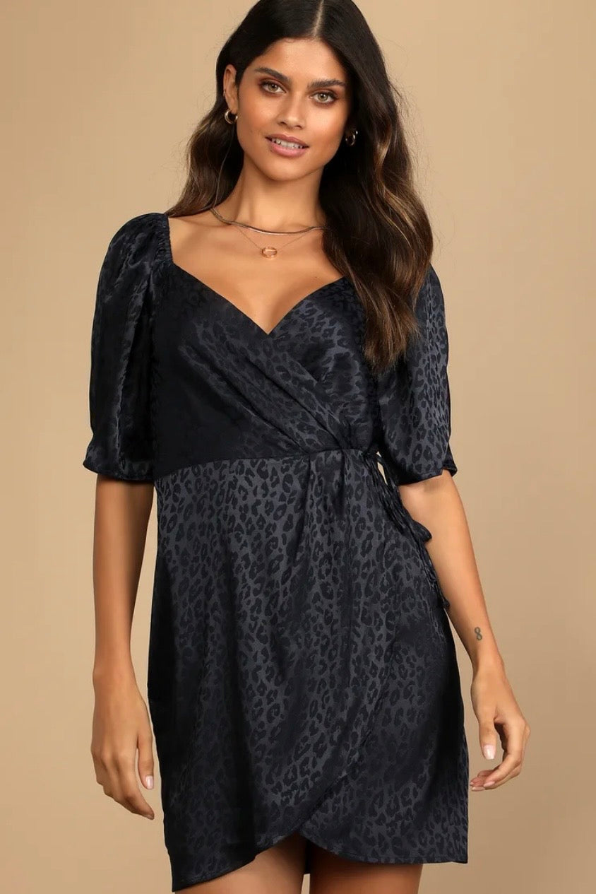 Spectacular Sights Navy Blue Leopard Print Satin Wrap Mini Dress