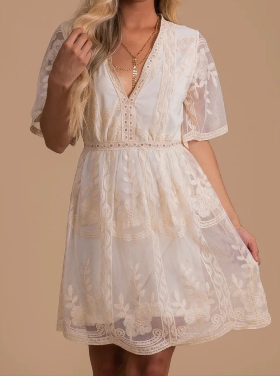 Ivory Beige Cream Lace Mini Dress White