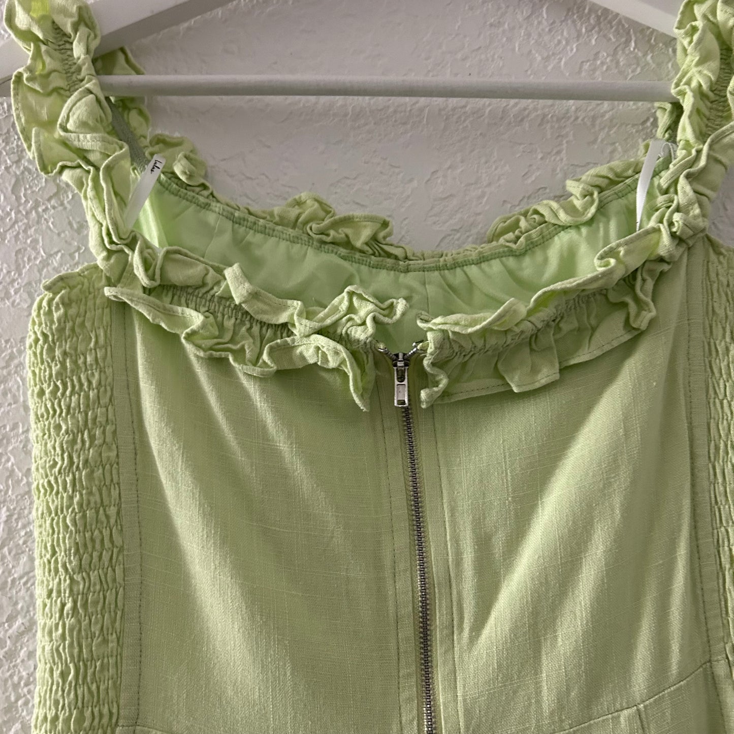 Elati Lime Green Ruffled Off-the-Shoulder Bodycon Dress Cotton Linen Blend