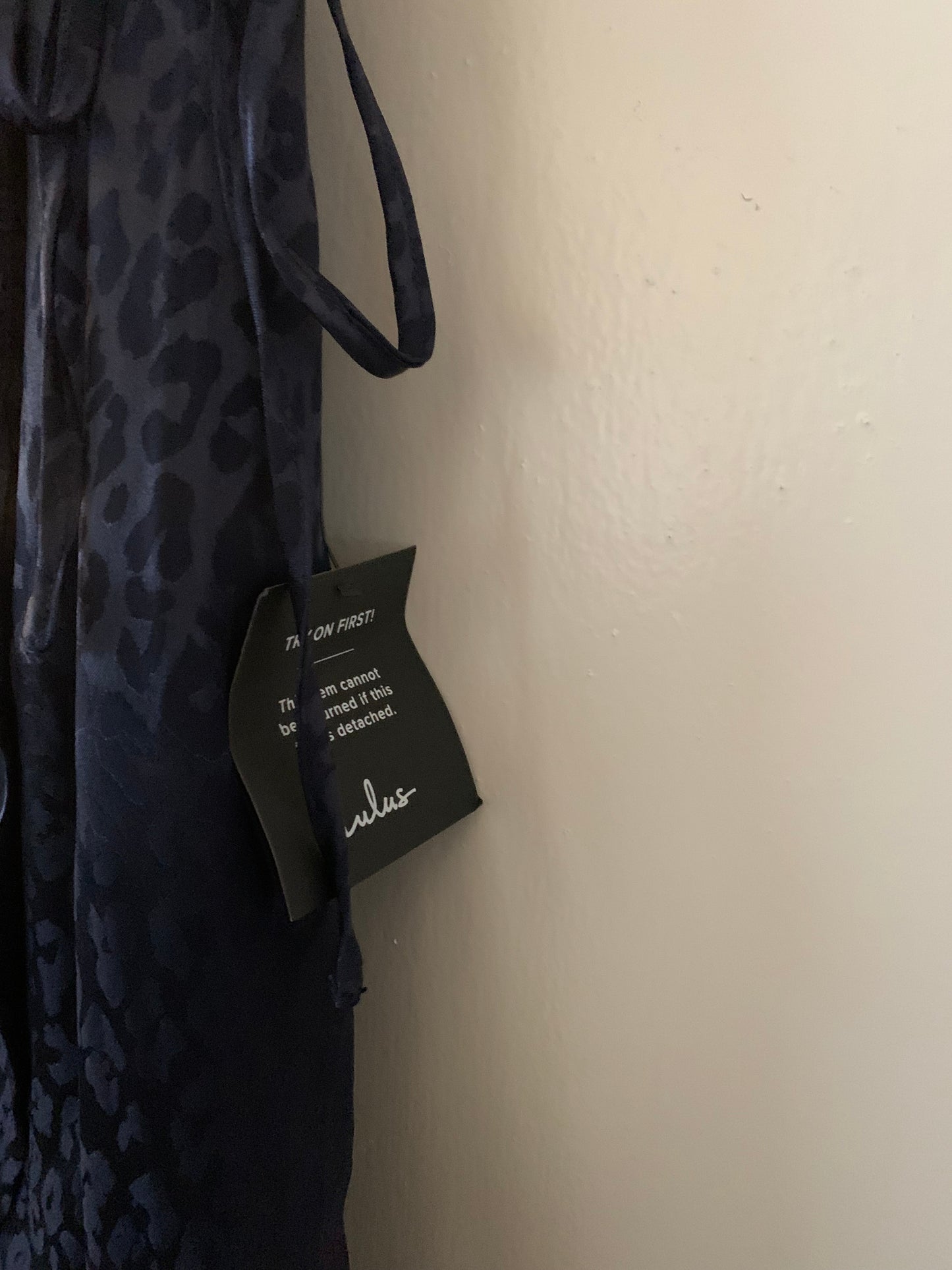 Spectacular Sights Navy Blue Leopard Print Satin Wrap Mini Dress