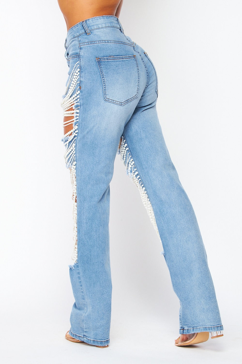 New Pearl and Rhinestone Detail Blue Denim Jeans Pants