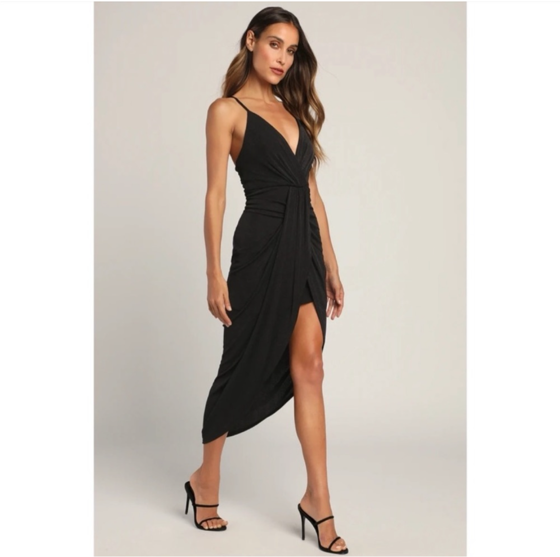 Black Drape Front Midi Dress