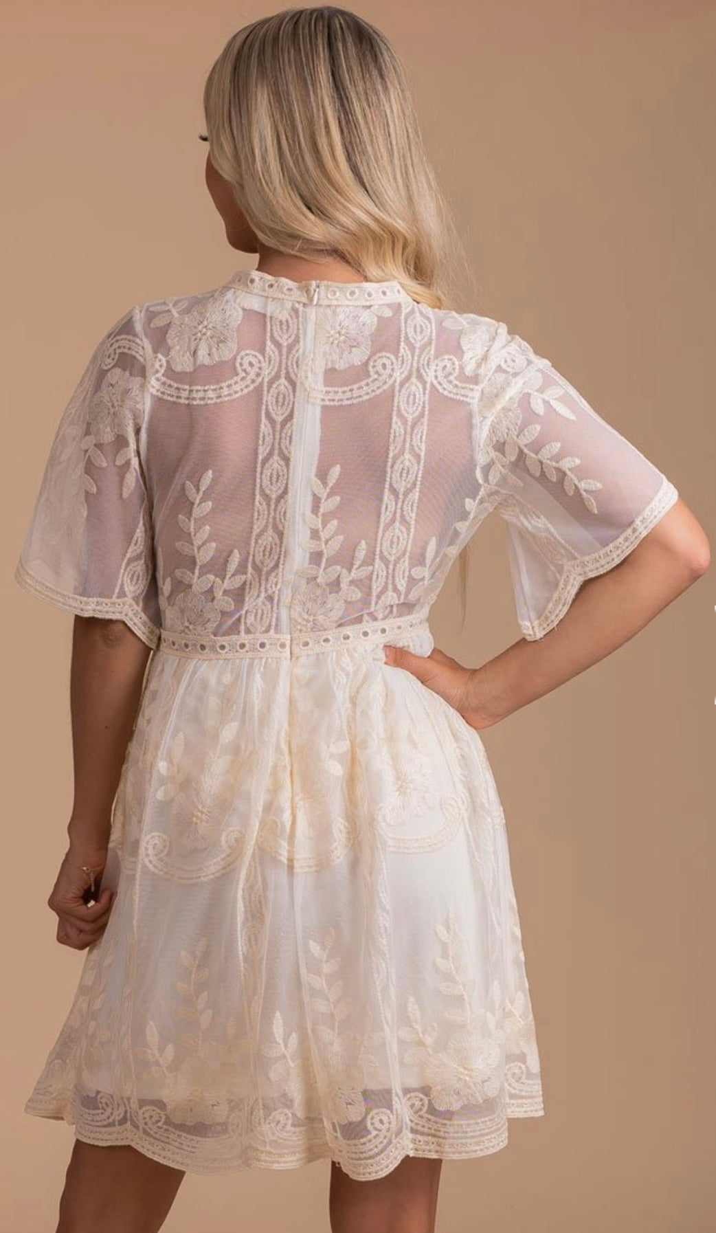 Ivory Beige Cream Lace Mini Dress White