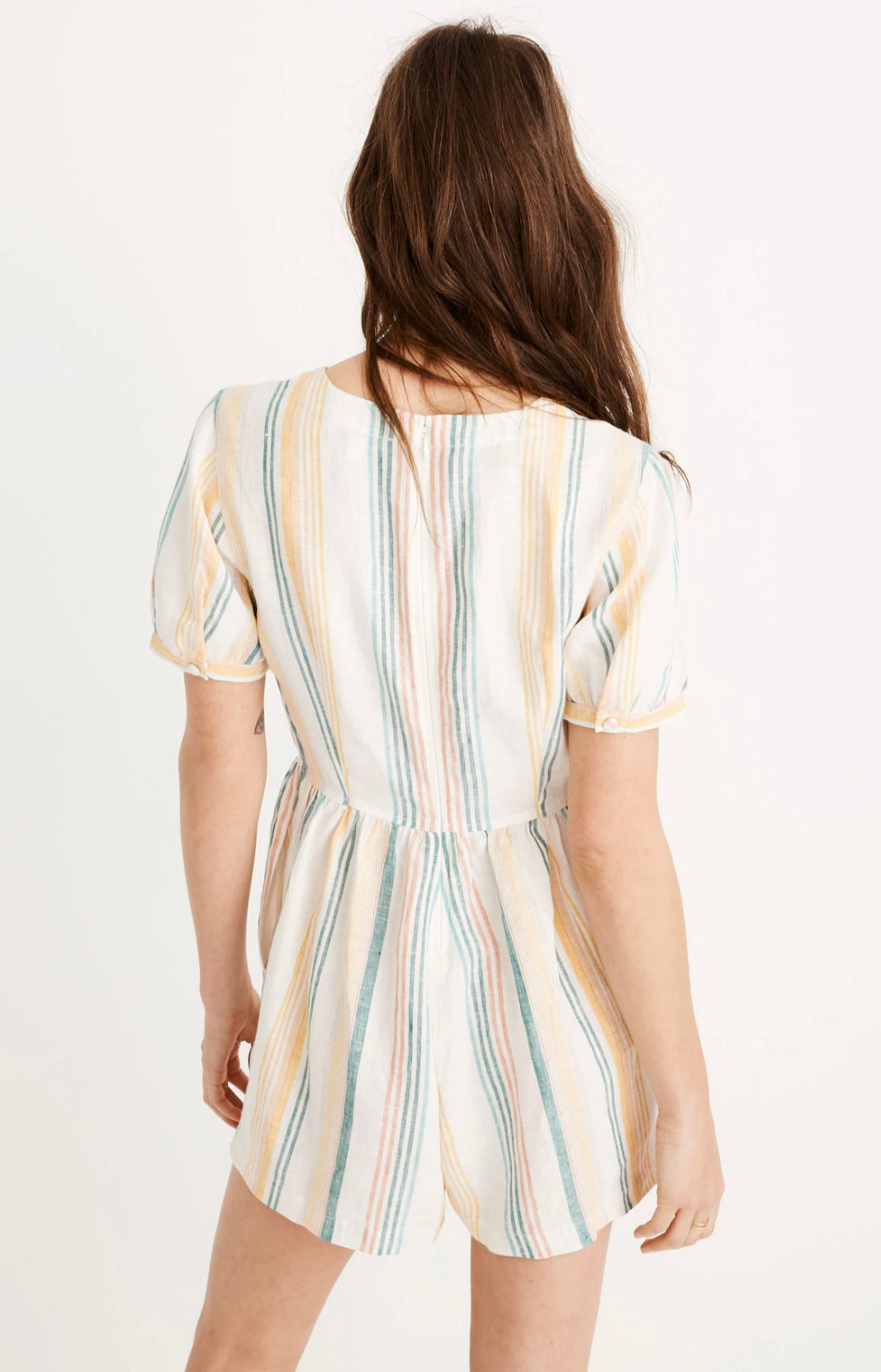 Madewell Linen Button Wrap Romper in Striped Pale Parchment Carnival White Ivory