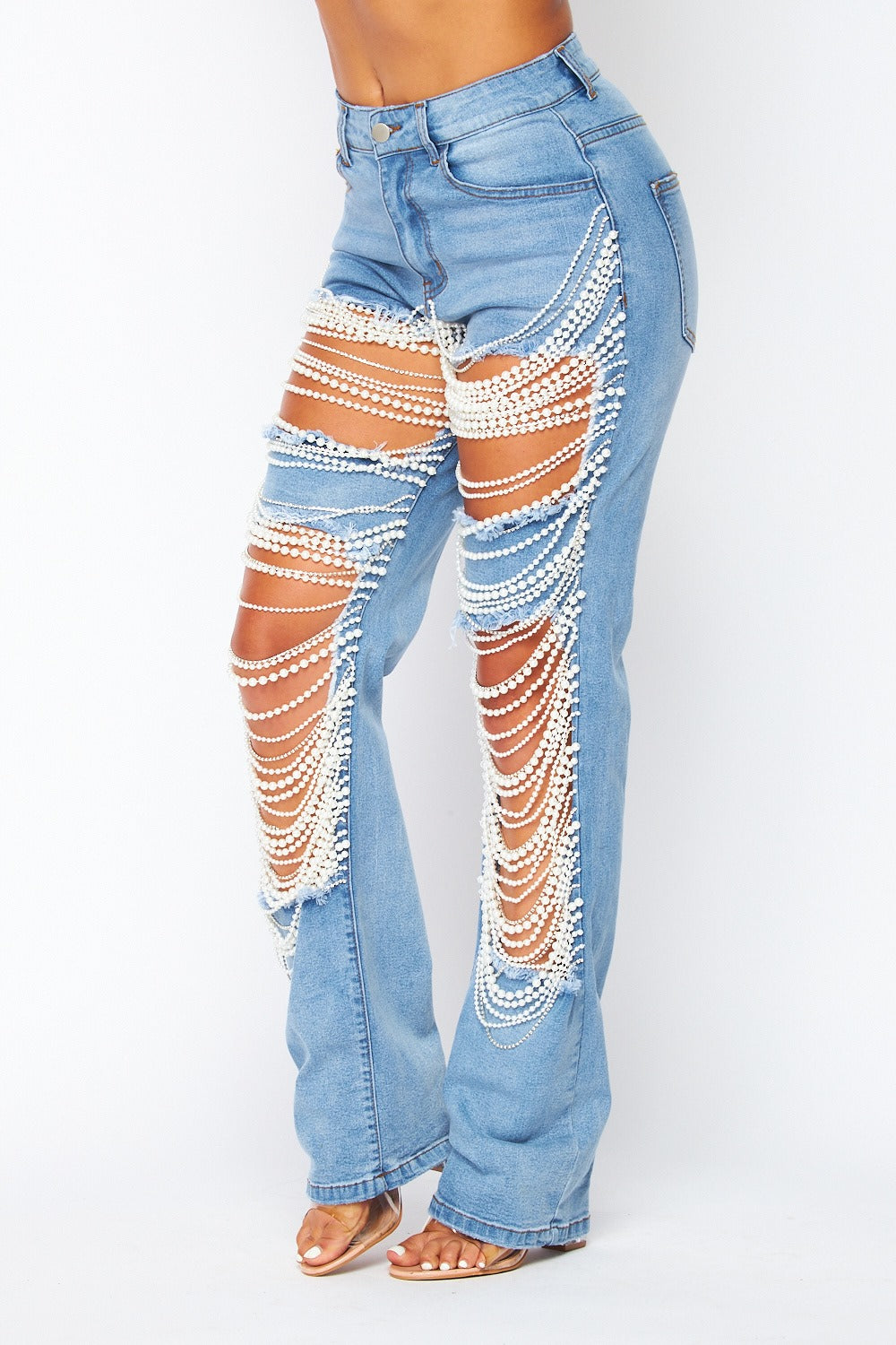 New Pearl and Rhinestone Detail Blue Denim Jeans Pants