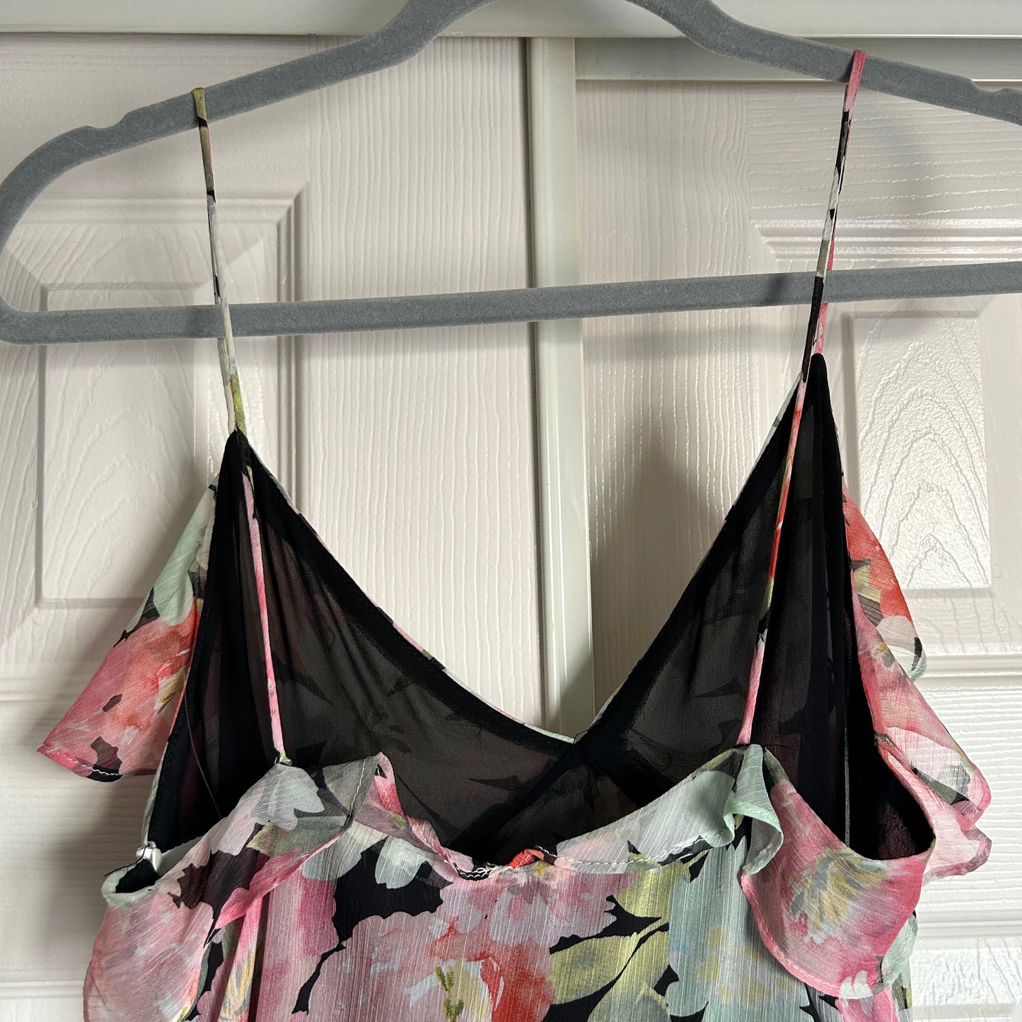 Floral Chiffon Ruffle Long Tiered Dress Pink Green