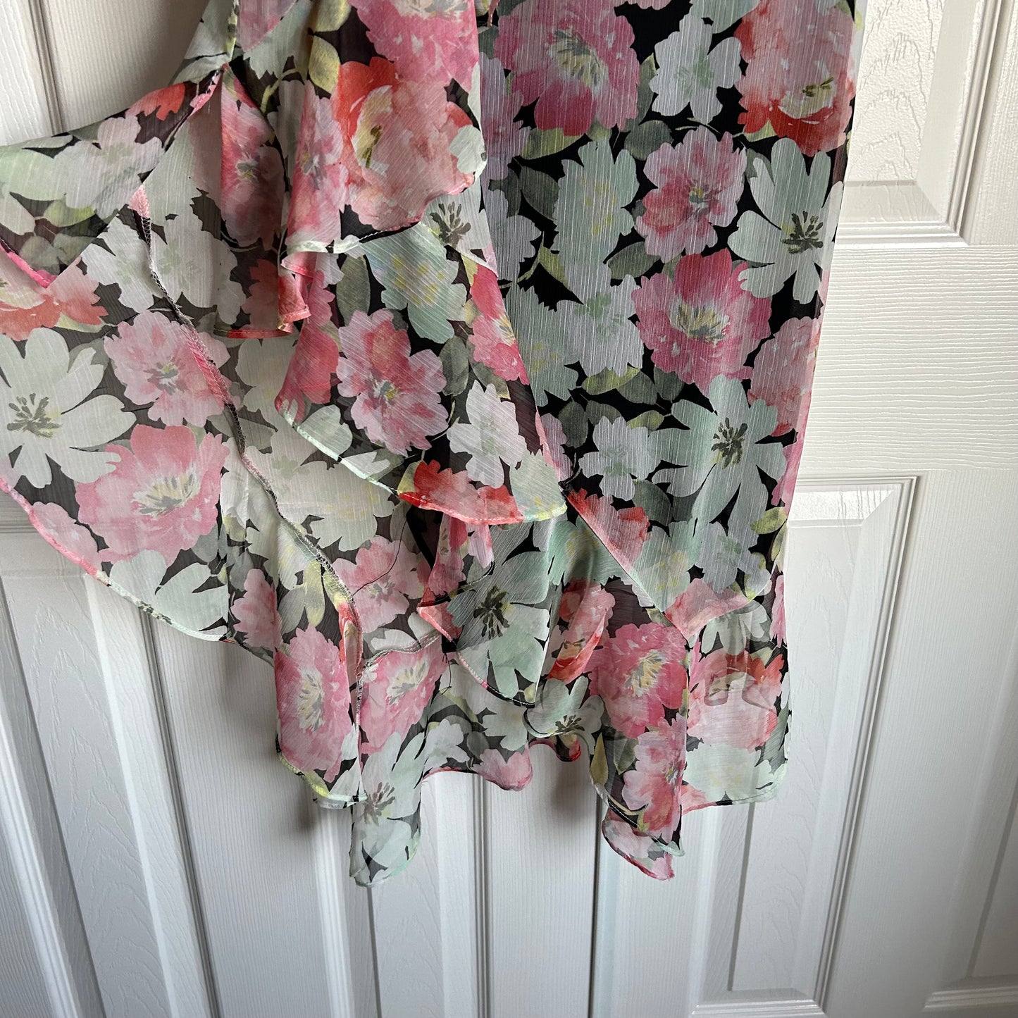 Floral Chiffon Ruffle Long Tiered Dress Pink Green
