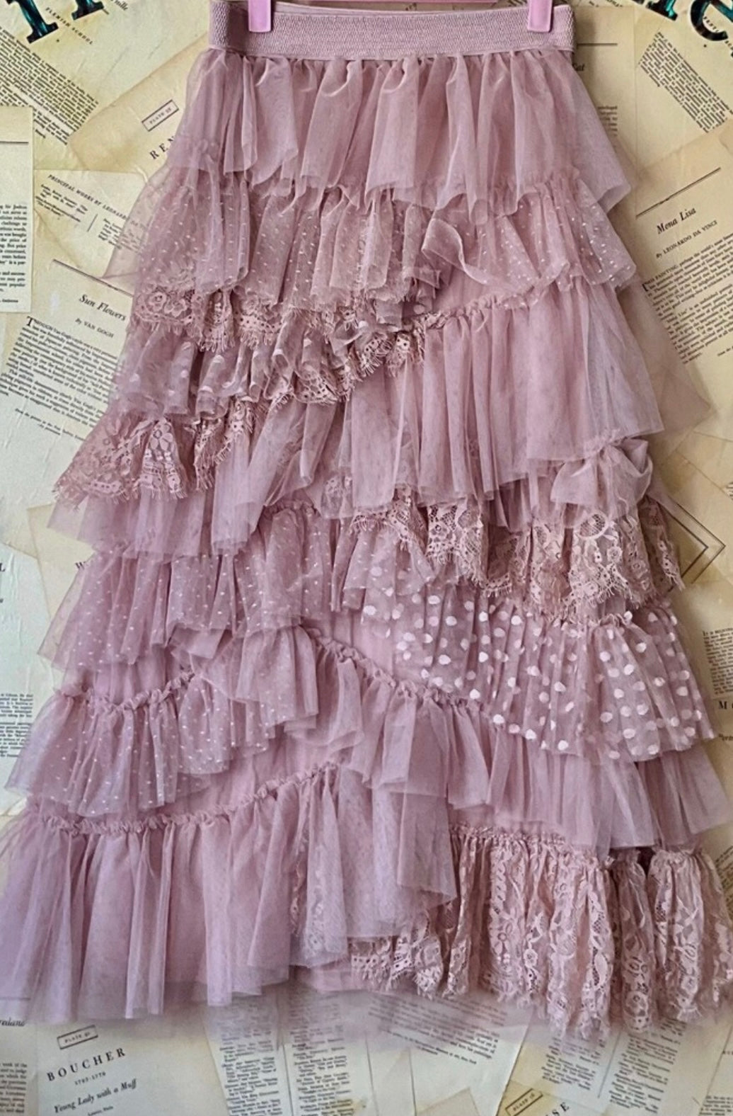 Mesh Tulle Lace Pink Mauve Blush Midi Skirt