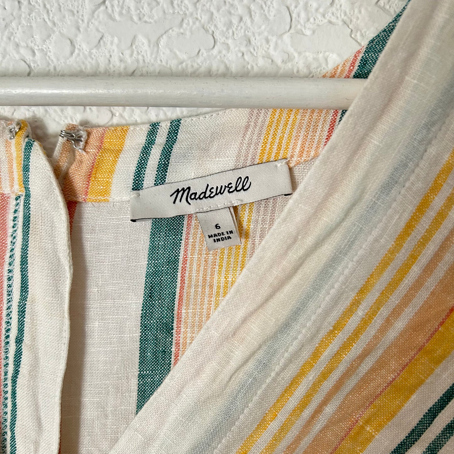 Madewell Linen Button Wrap Romper in Striped Pale Parchment Carnival White Ivory