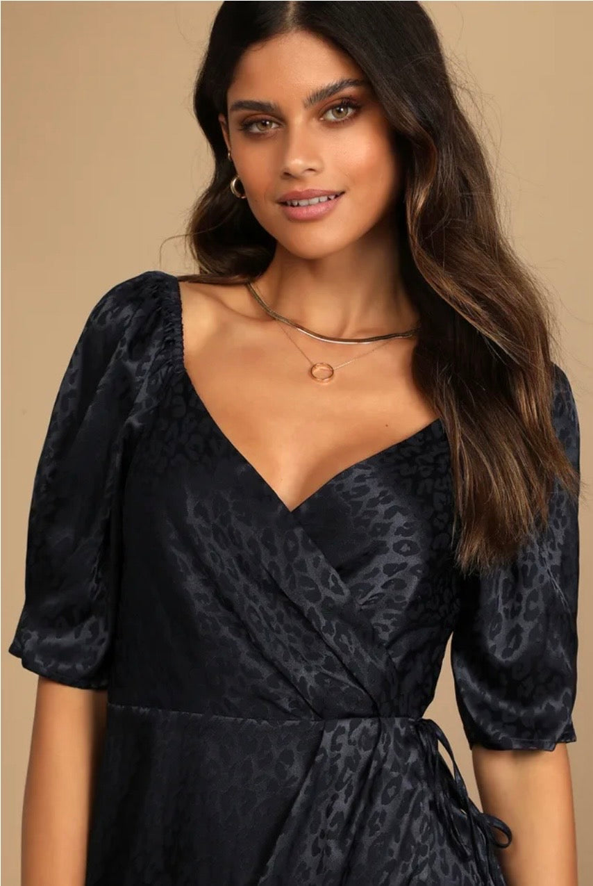 Spectacular Sights Navy Blue Leopard Print Satin Wrap Mini Dress