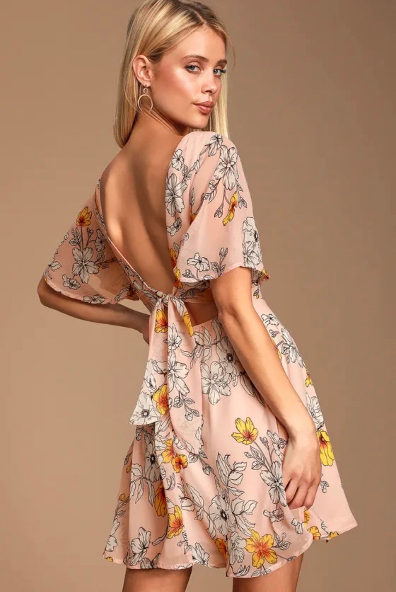 Priscilla Blush Pink Floral Print Tie-Back Skater Dress