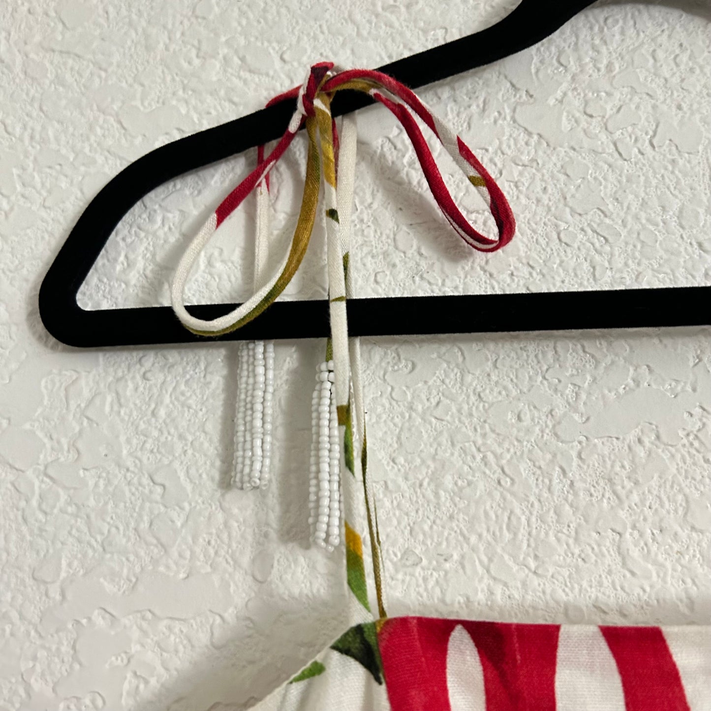 Linen Tropical Print Dress Red Green Yellow Bead Tassels
