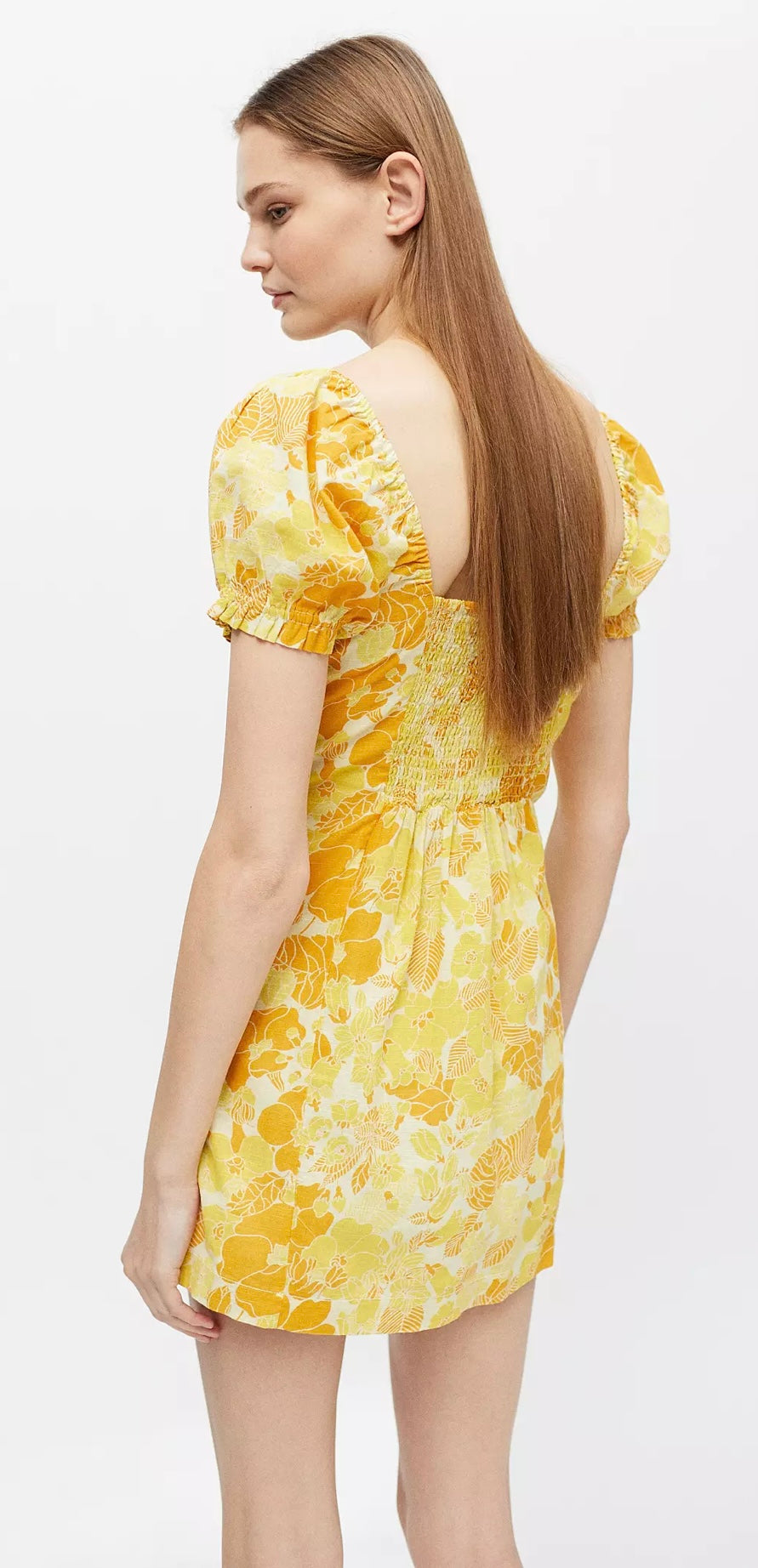 Britney Hook and Eye Mini Dress Yellow Floral Printed Cotton