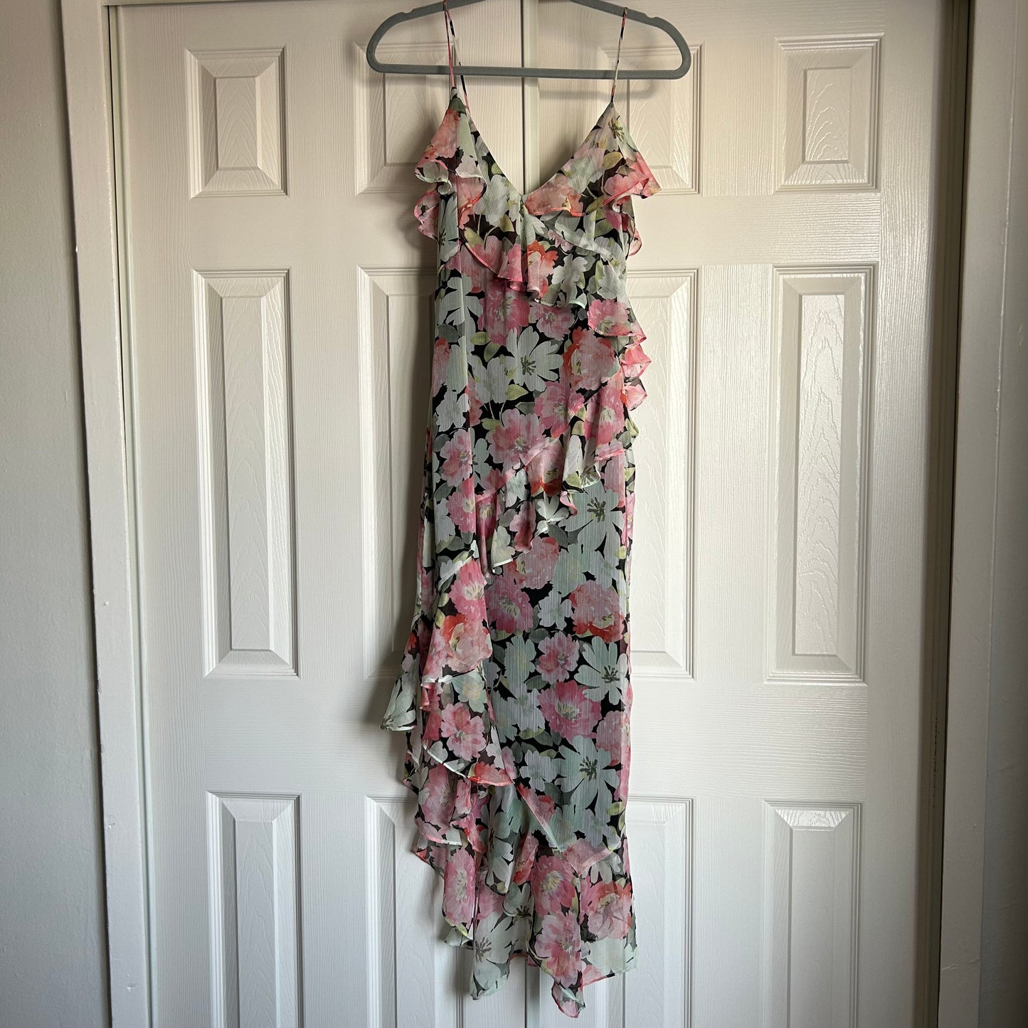 Floral Chiffon Ruffle Long Tiered Dress Pink Green