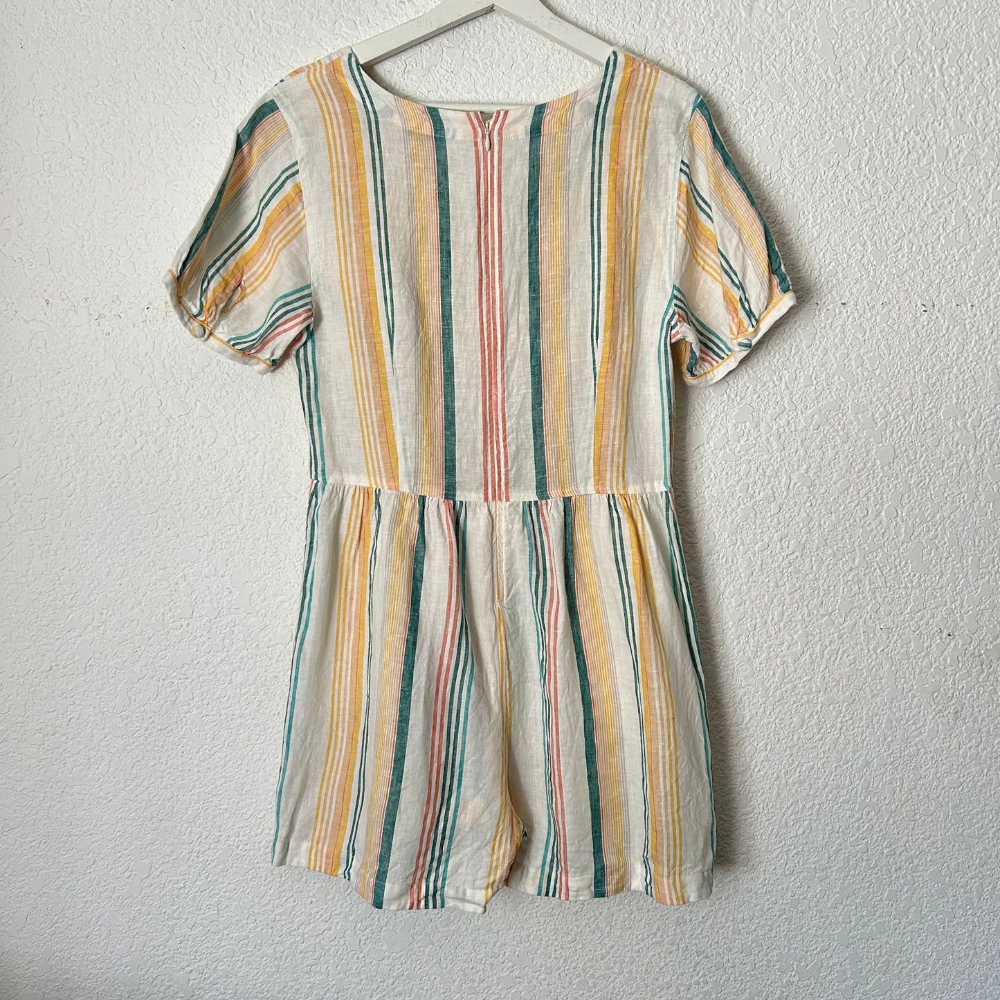Madewell Linen Button Wrap Romper in Striped Pale Parchment Carnival White Ivory