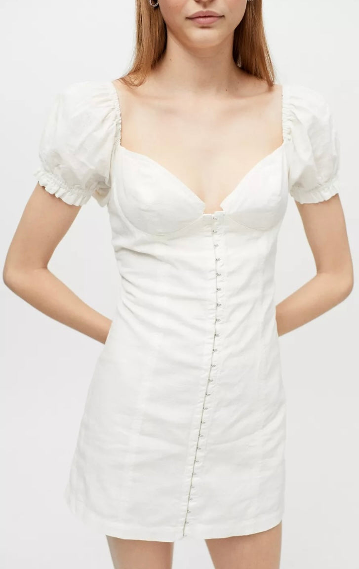 Britney Hook & Eye Mini Dress White Puff Sleeves Ivory Cotton