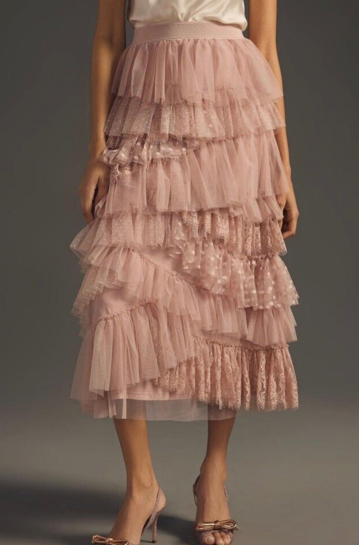 Mesh Tulle Lace Pink Mauve Blush Midi Skirt