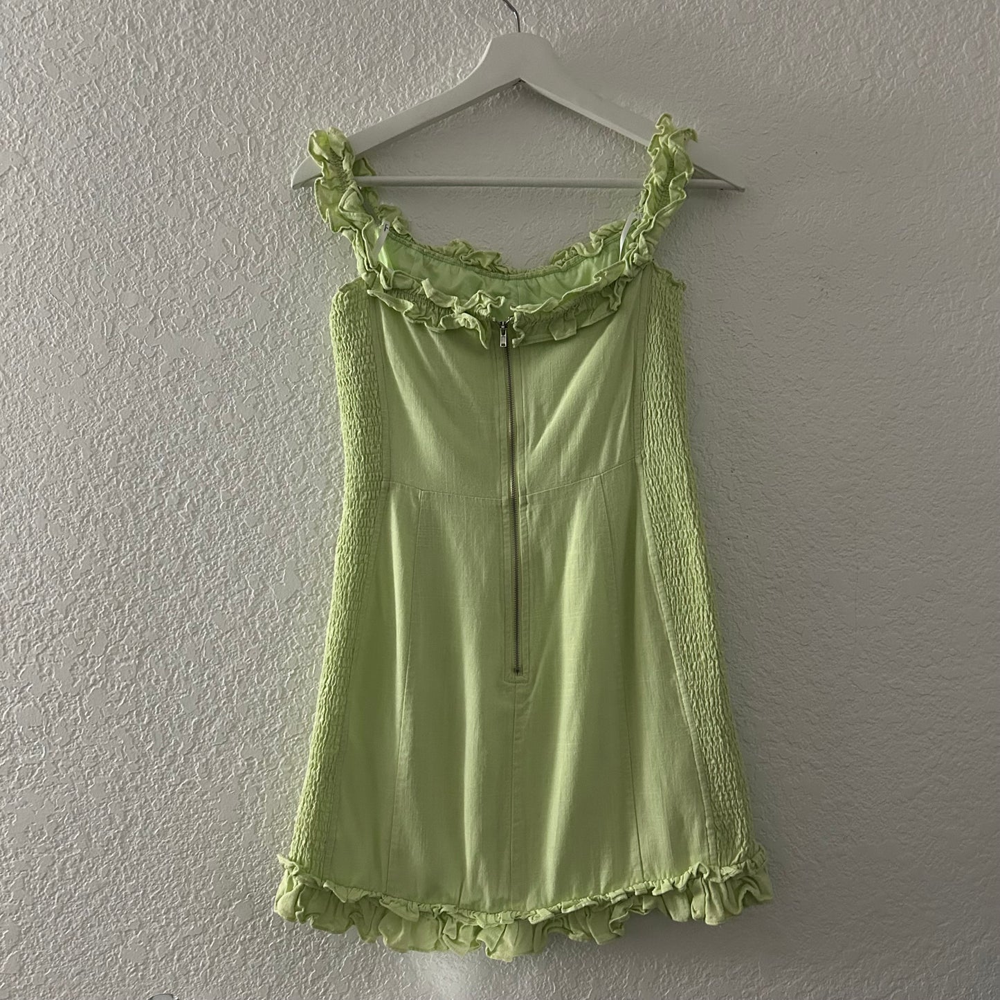 Elati Lime Green Ruffled Off-the-Shoulder Bodycon Dress Cotton Linen Blend
