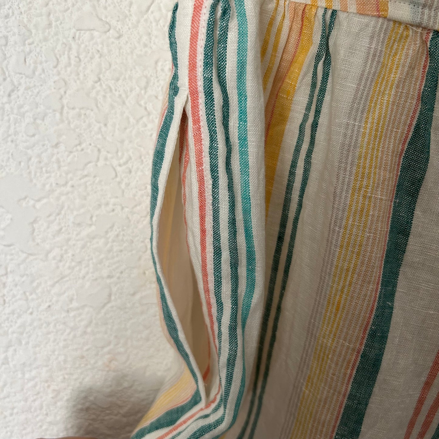 Madewell Linen Button Wrap Romper in Striped Pale Parchment Carnival White Ivory