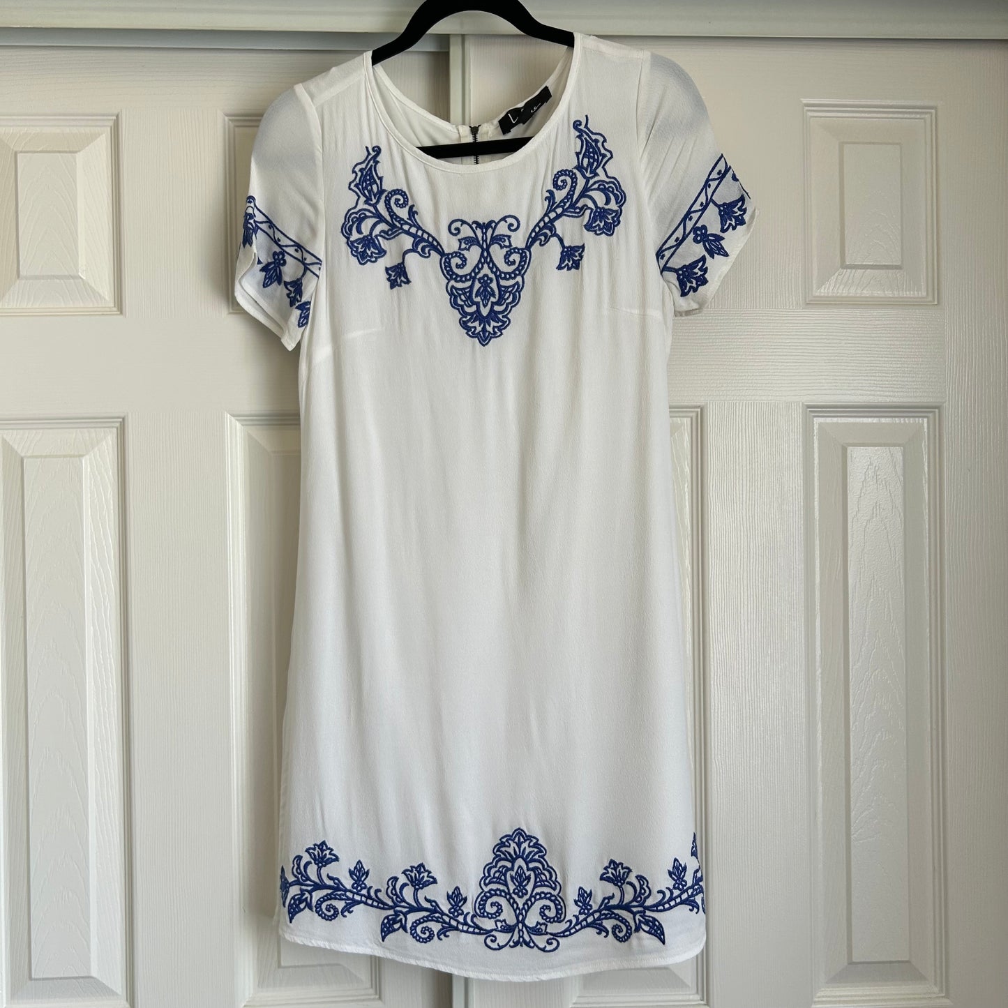 Tale to Tell Ivory With Blue Embroidered Mini Dress