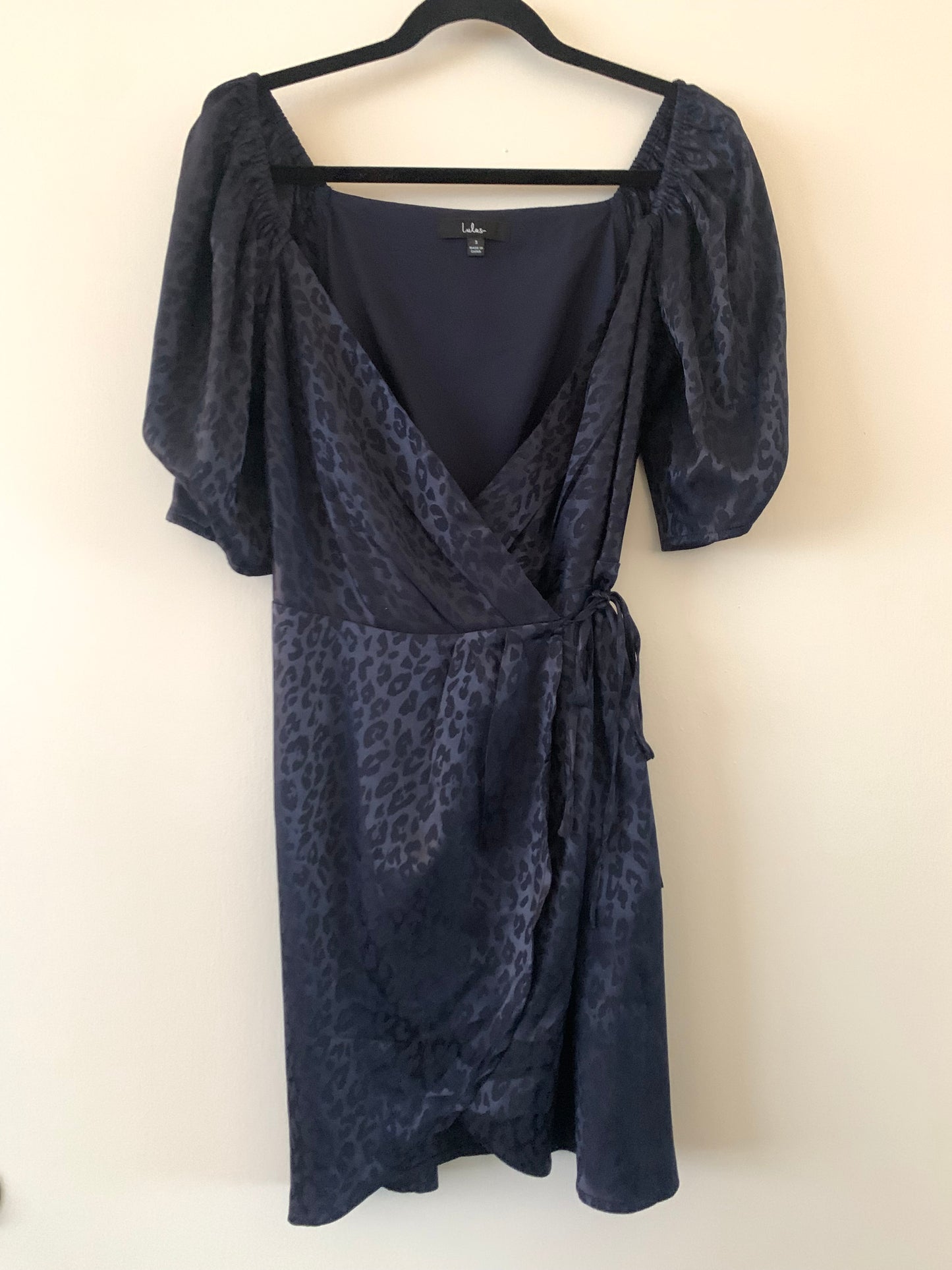 Spectacular Sights Navy Blue Leopard Print Satin Wrap Mini Dress