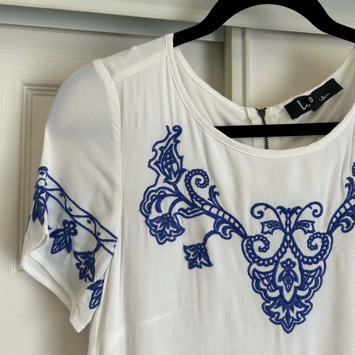 Tale to Tell Ivory With Blue Embroidered Mini Dress