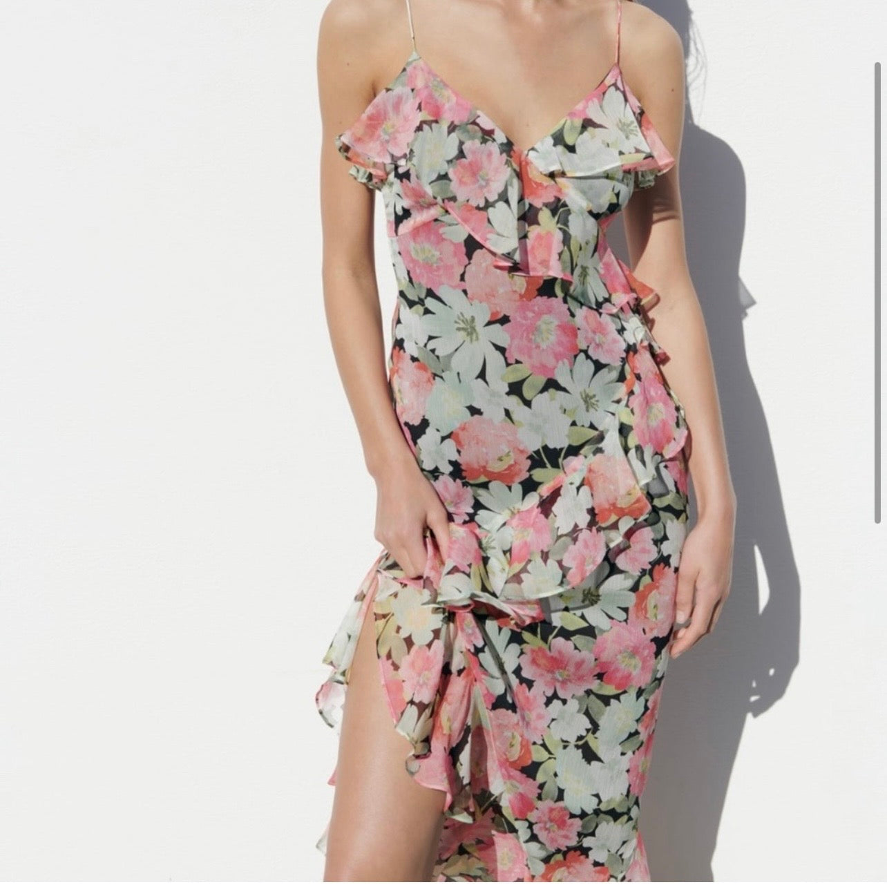 Floral Chiffon Ruffle Long Tiered Dress Pink Green