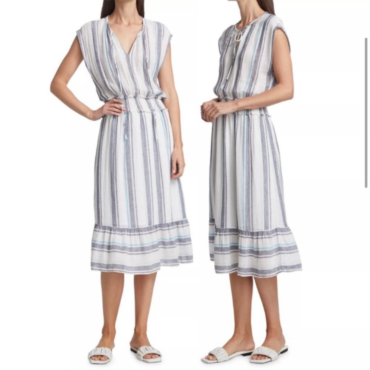 Ashlyn Linen Dress In Aegean Blue Stripe