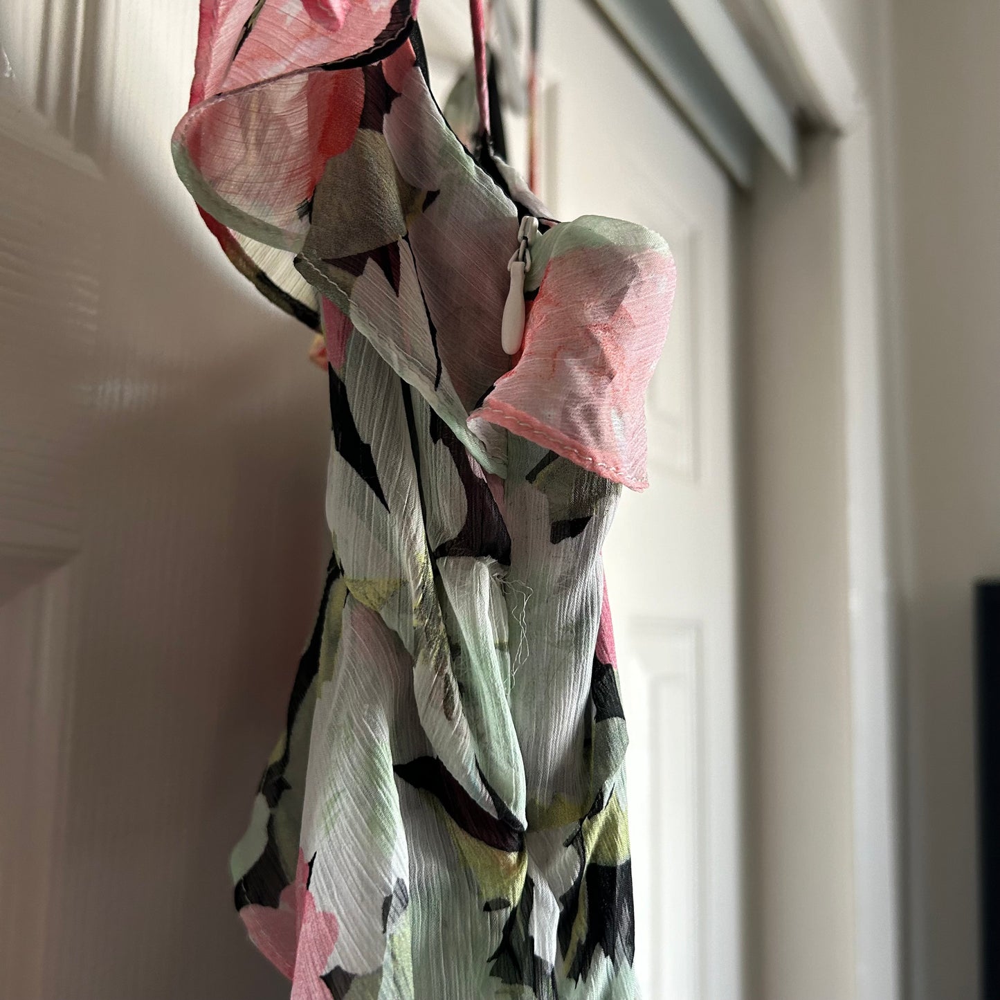 Floral Chiffon Ruffle Long Tiered Dress Pink Green