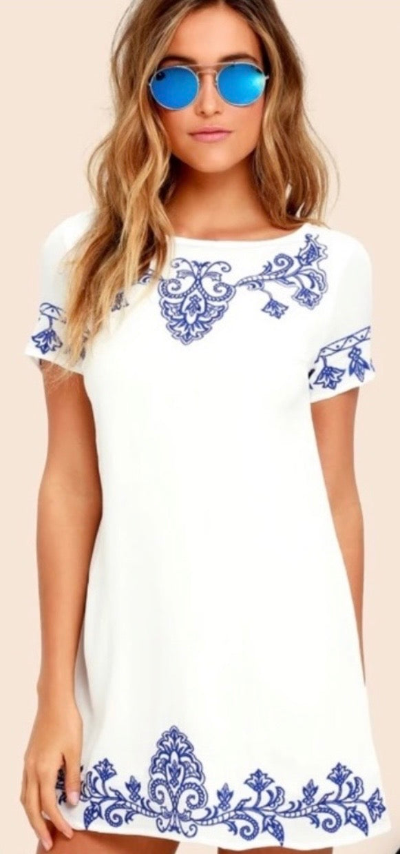 Tale to Tell Ivory With Blue Embroidered Mini Dress