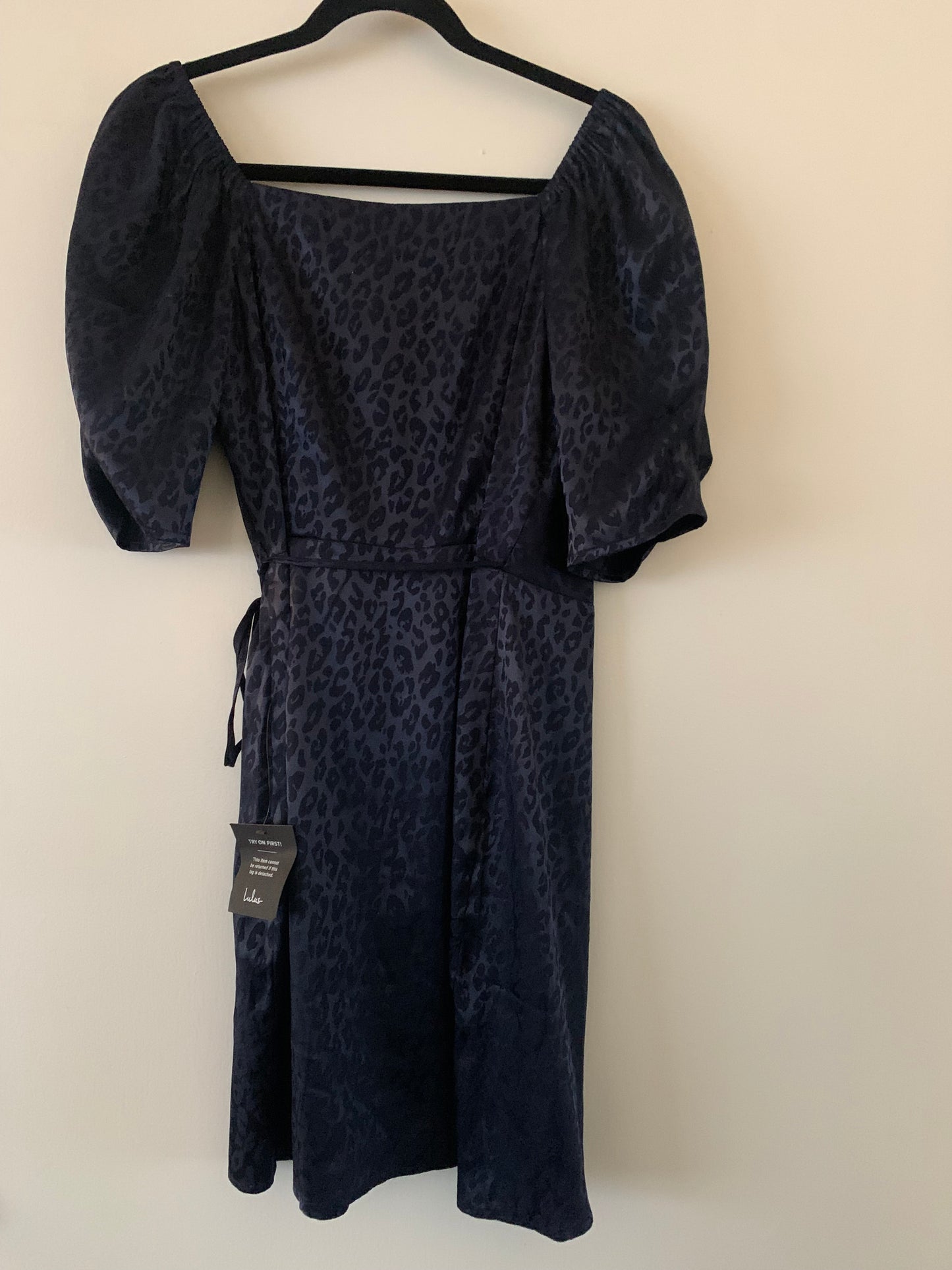 Spectacular Sights Navy Blue Leopard Print Satin Wrap Mini Dress