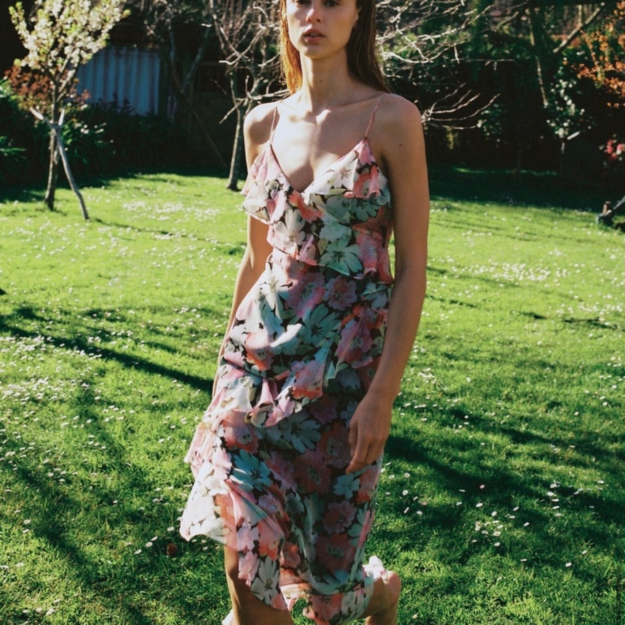 Floral Chiffon Ruffle Long Tiered Dress Pink Green