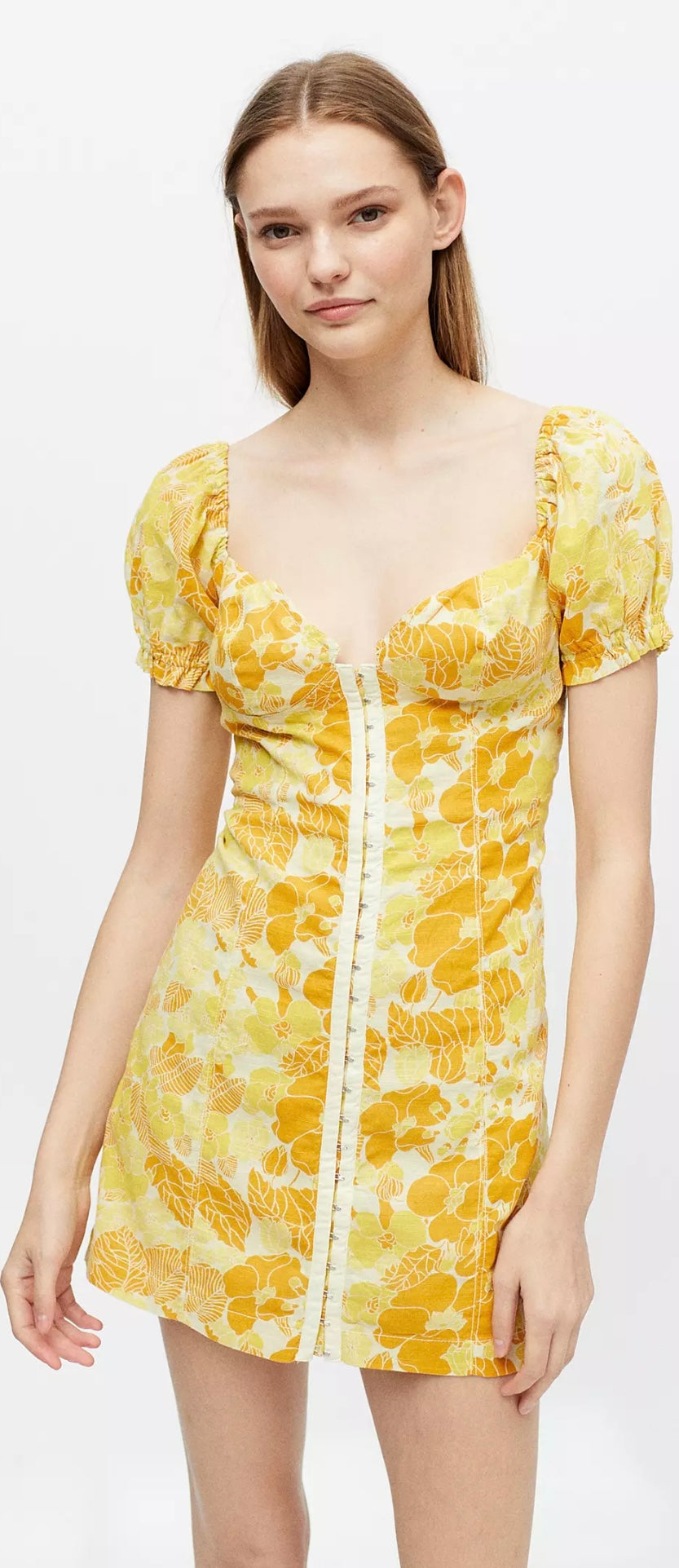 Britney Hook and Eye Mini Dress Yellow Floral Printed Cotton
