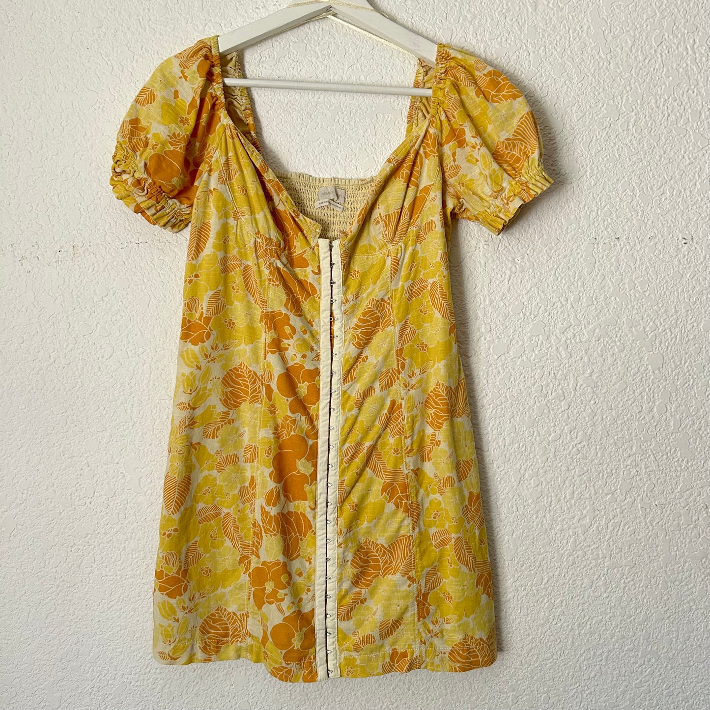 Britney Hook and Eye Mini Dress Yellow Floral Printed Cotton
