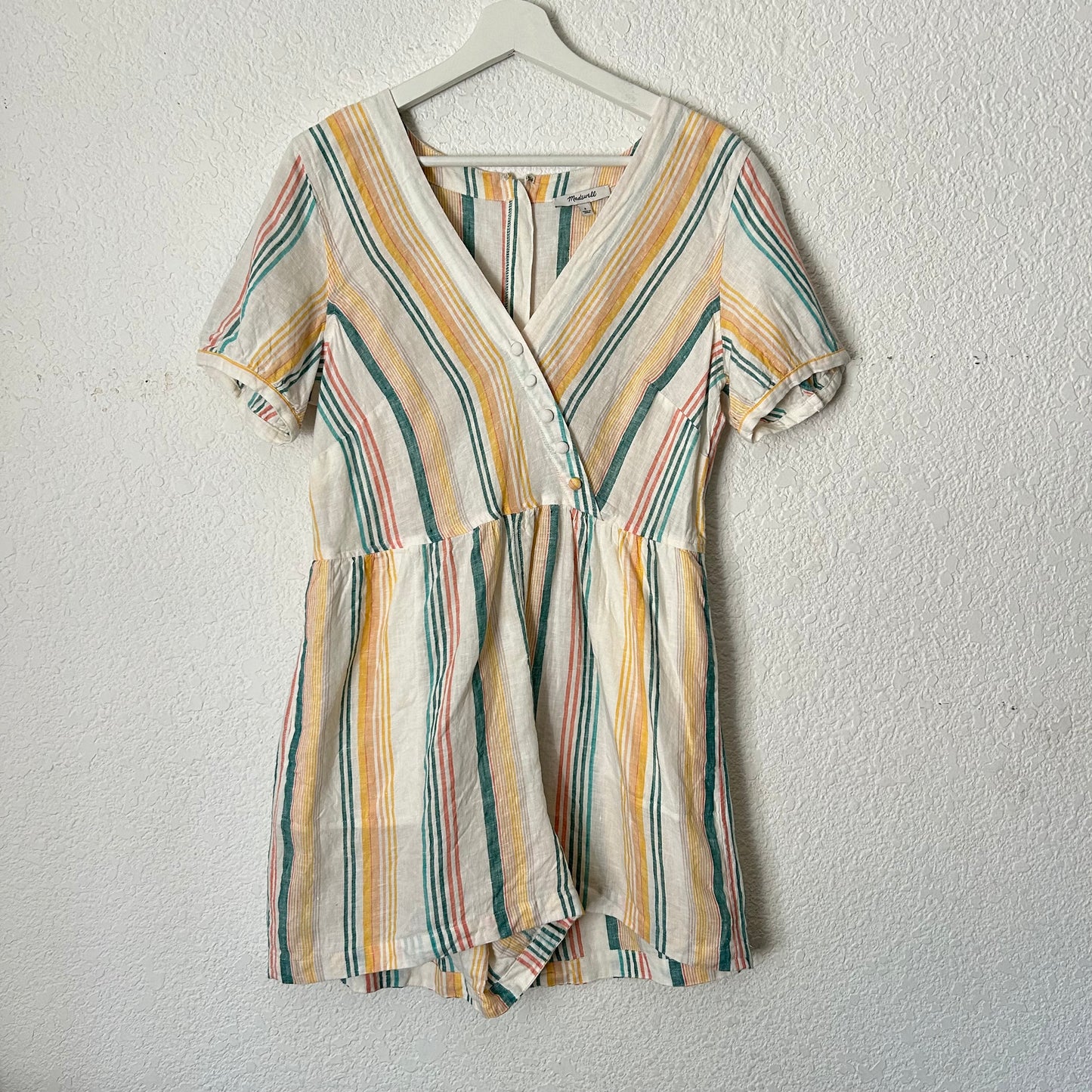 Madewell Linen Button Wrap Romper in Striped Pale Parchment Carnival White Ivory