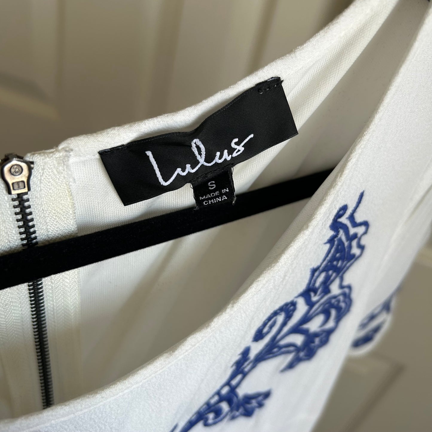 Tale to Tell Ivory With Blue Embroidered Mini Dress