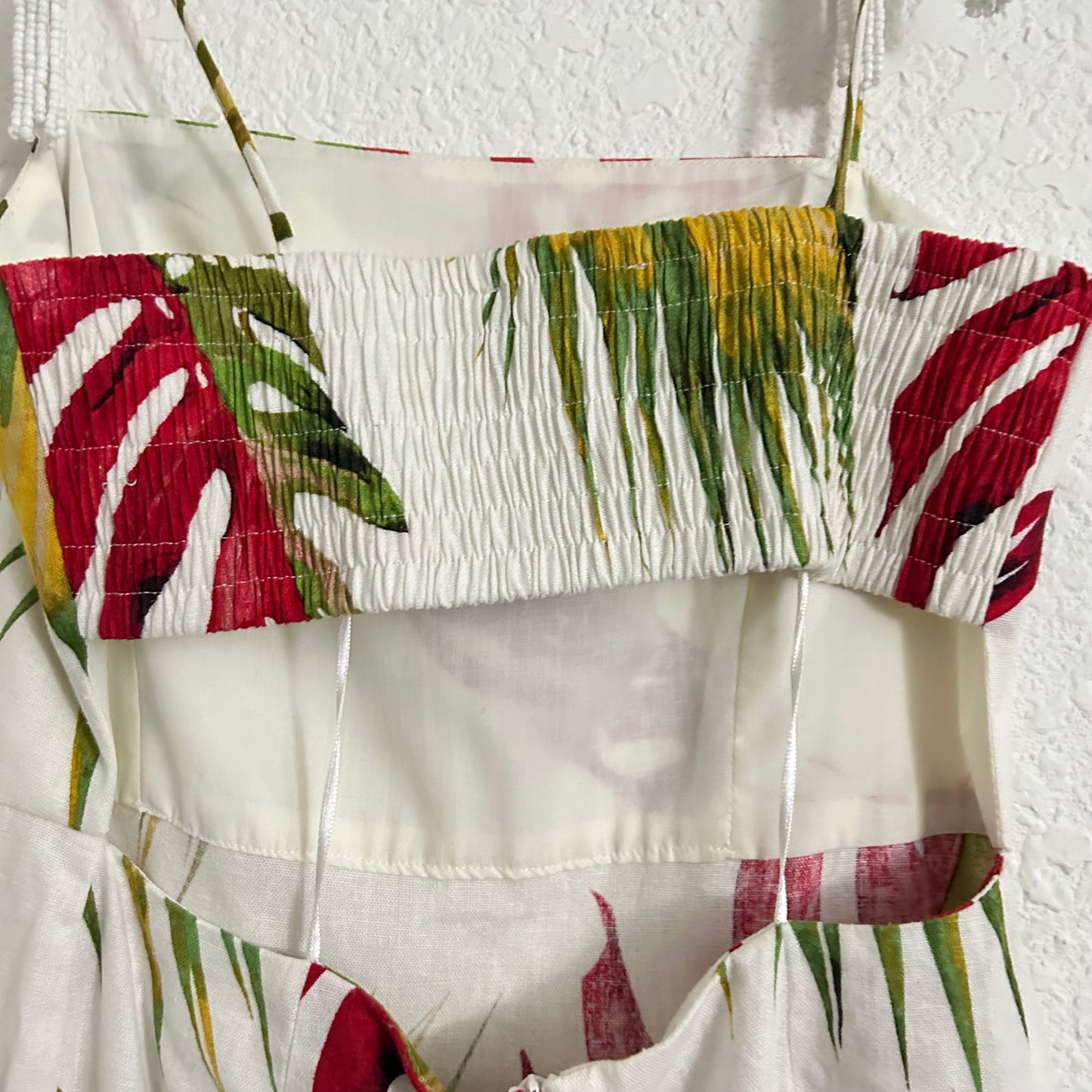 Linen Tropical Print Dress Red Green Yellow Bead Tassels