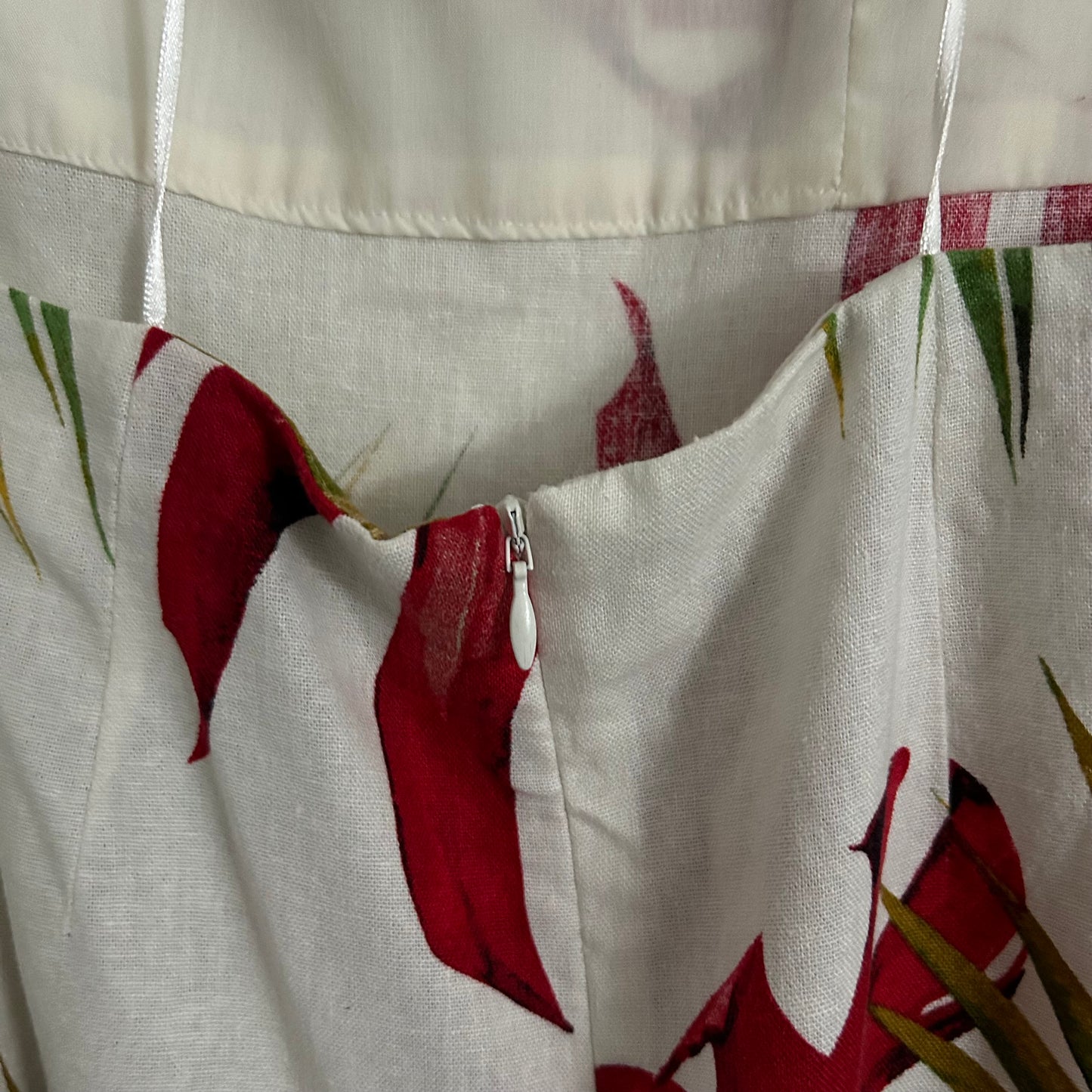 Linen Tropical Print Dress Red Green Yellow Bead Tassels