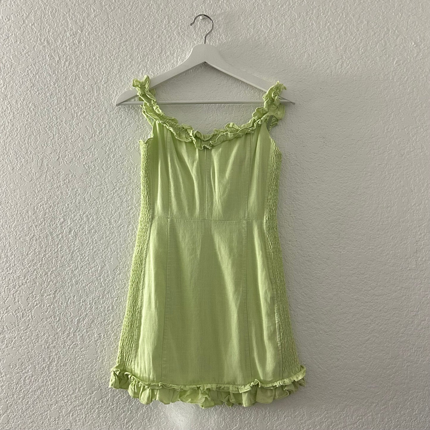 Elati Lime Green Ruffled Off-the-Shoulder Bodycon Dress Cotton Linen Blend