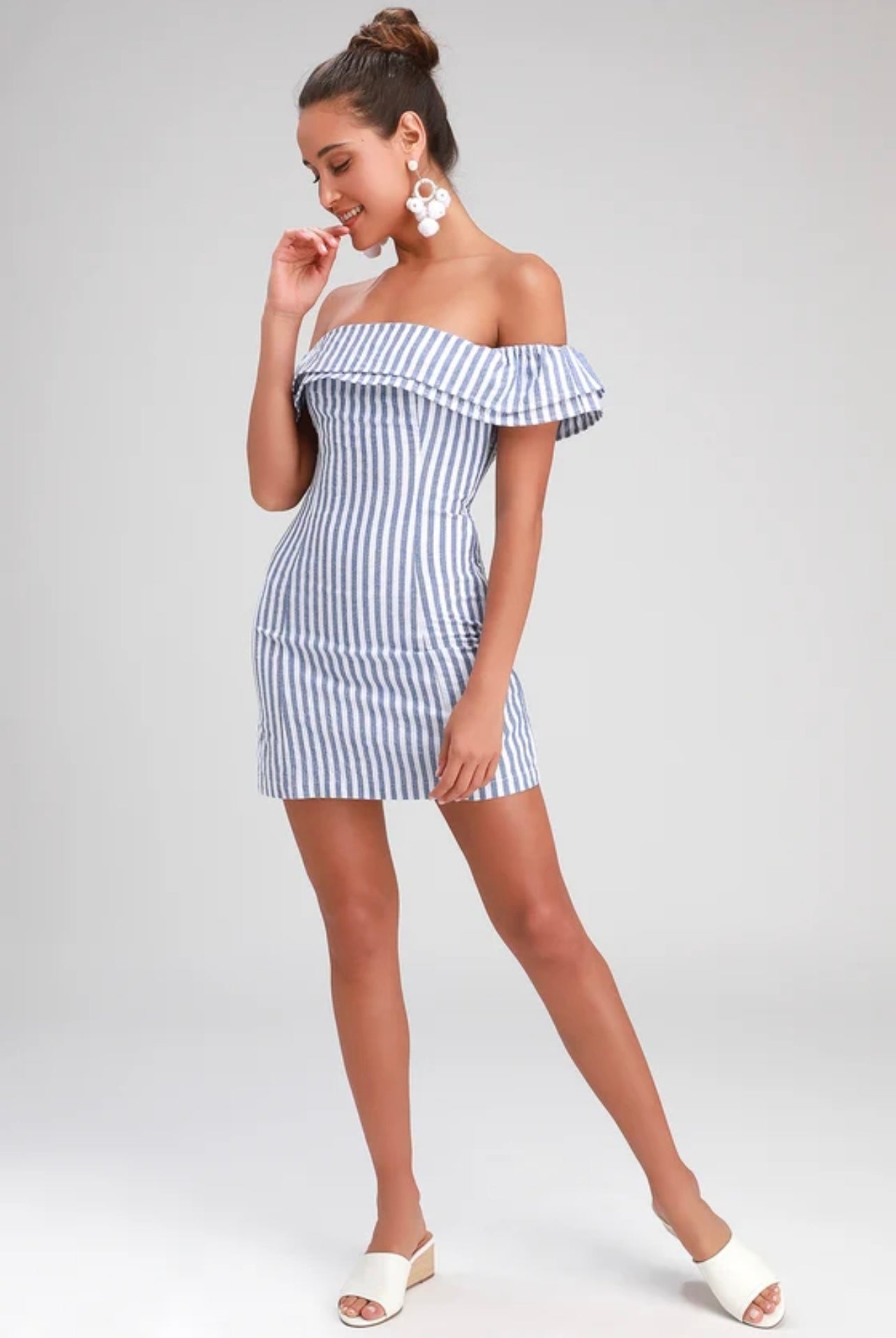 Seaside Skipper Blue Striped Off-the-Shoulder Mini Dress
