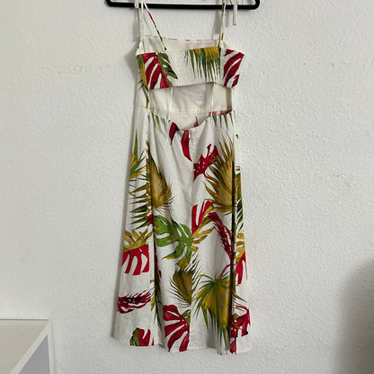Linen Tropical Print Dress Red Green Yellow Bead Tassels