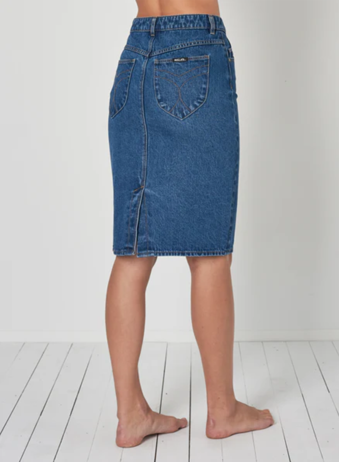 Denim Blue Knee-Length Button Up Pencil Skirt