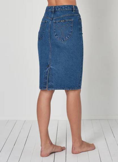 Denim Blue Knee-Length Button Up Pencil Skirt